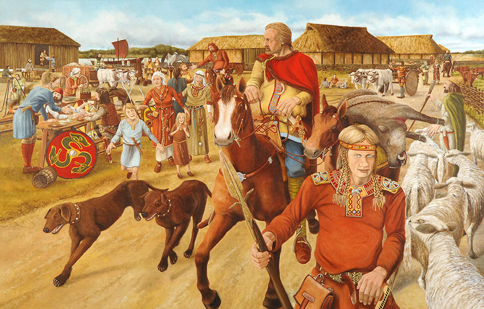 Schilderij Merovingen in Leidsche Rijn, ca. 675 na Chr. Schilderij van Paul Becx (2013), gemaakt in opdracht van het Rijksmuseum van Oudheden tgv de tentoonstelling Gouden Middeleeuwen.