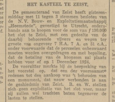 Aankoop Slot Zeist september 1924