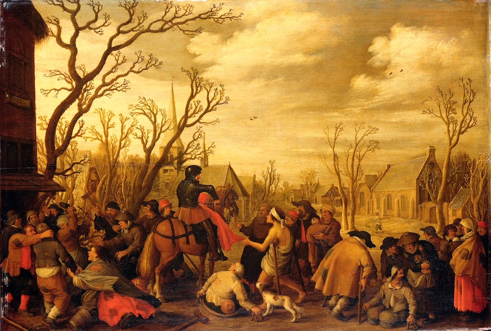 Sint Maarten snijdt een stuk van zijn jas af om aan een bedelaar te geven Joost Cornelisz. Droochsloot 1623