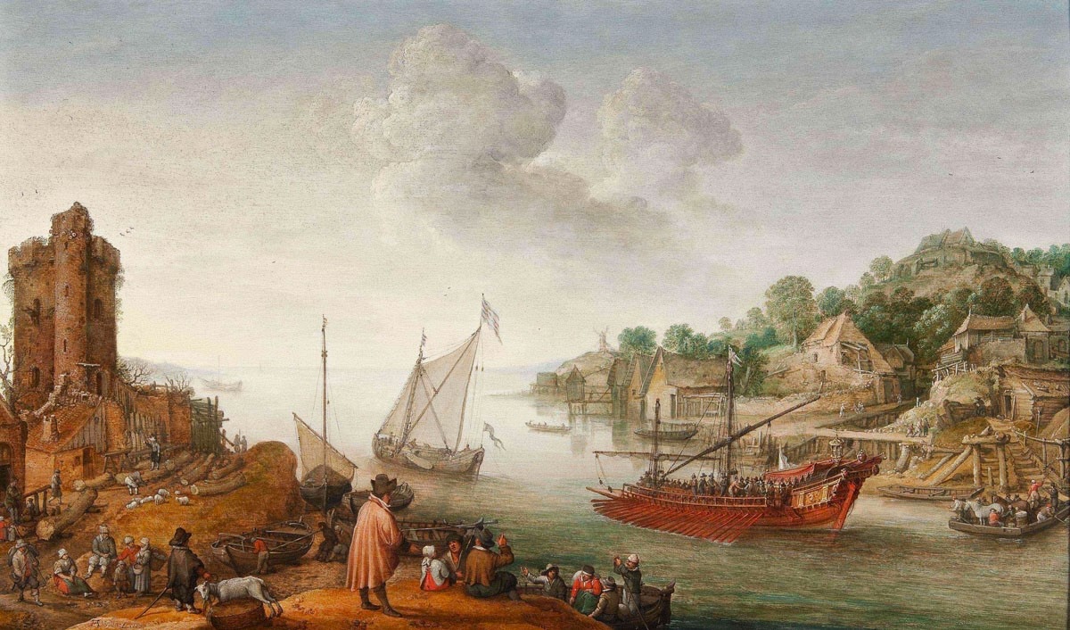 Bijlhouwerstoren te Utrecht in een gefantaseerd landschap met de uitmonding van een rivier in zee met een koninklijk schip Adam Willaerts 1620 HUA