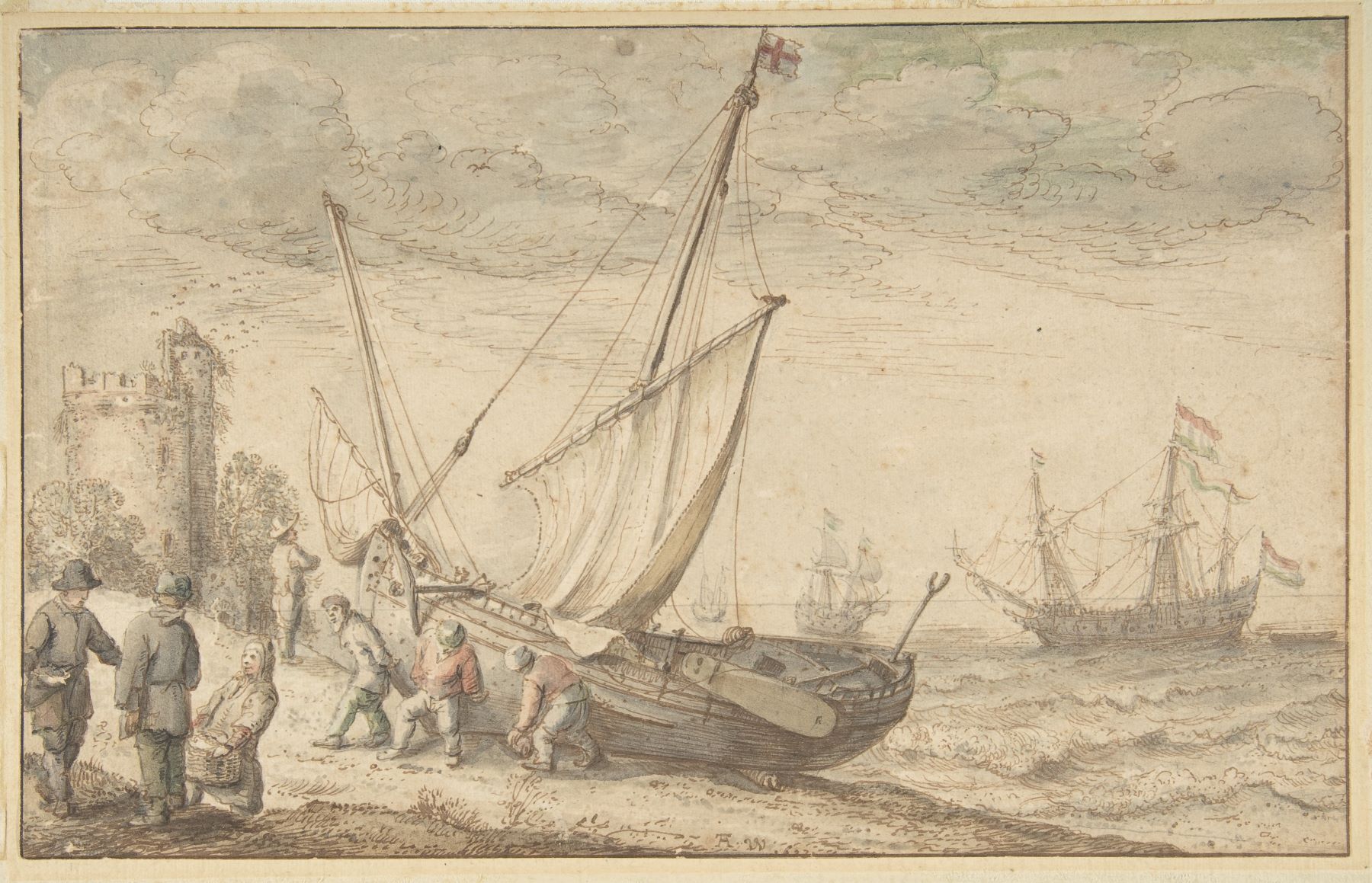Metropolitan Museum Fishing men hauling their boat onto the coast Adam Willaerts klein