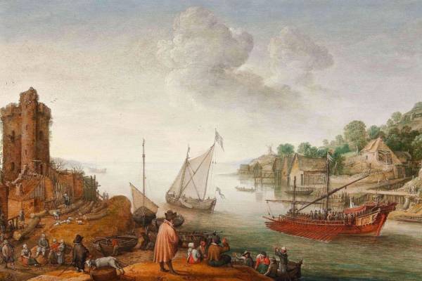 Bijlhouwerstoren Te Utrecht Landschap Met Een Koninklijk Schip Adam Willaerts 1620 Hua