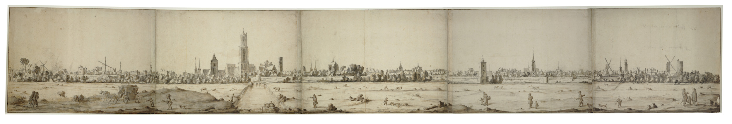 Tekening van Herman Saftleven van profiel stad Utrecht op zes aaneengeplakte bladen 1669 Het Utrechts Archief