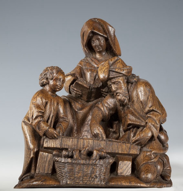 Adriaen van Wesel 1480 Heilige Familie Maria Jozef en het Christuskind De kleine Jezus helpt zijn vader bij het opmeten van een balk Museum Catharijneconvent