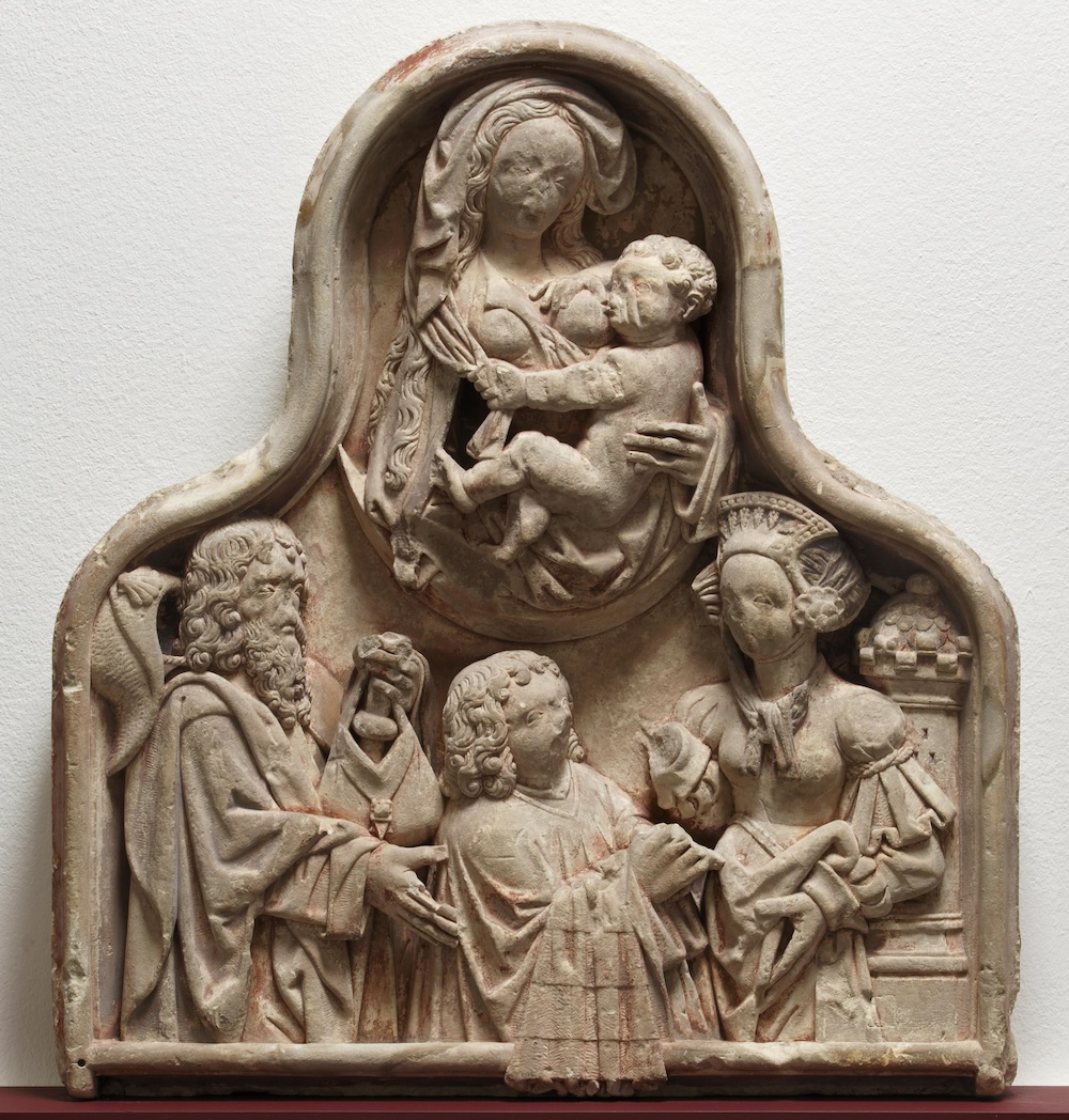 Epitaaf met Maria met Kind Maria lactans Sint Jacobus major Sint Barbara en een kanunnik 1510 1520 Centraal Museum