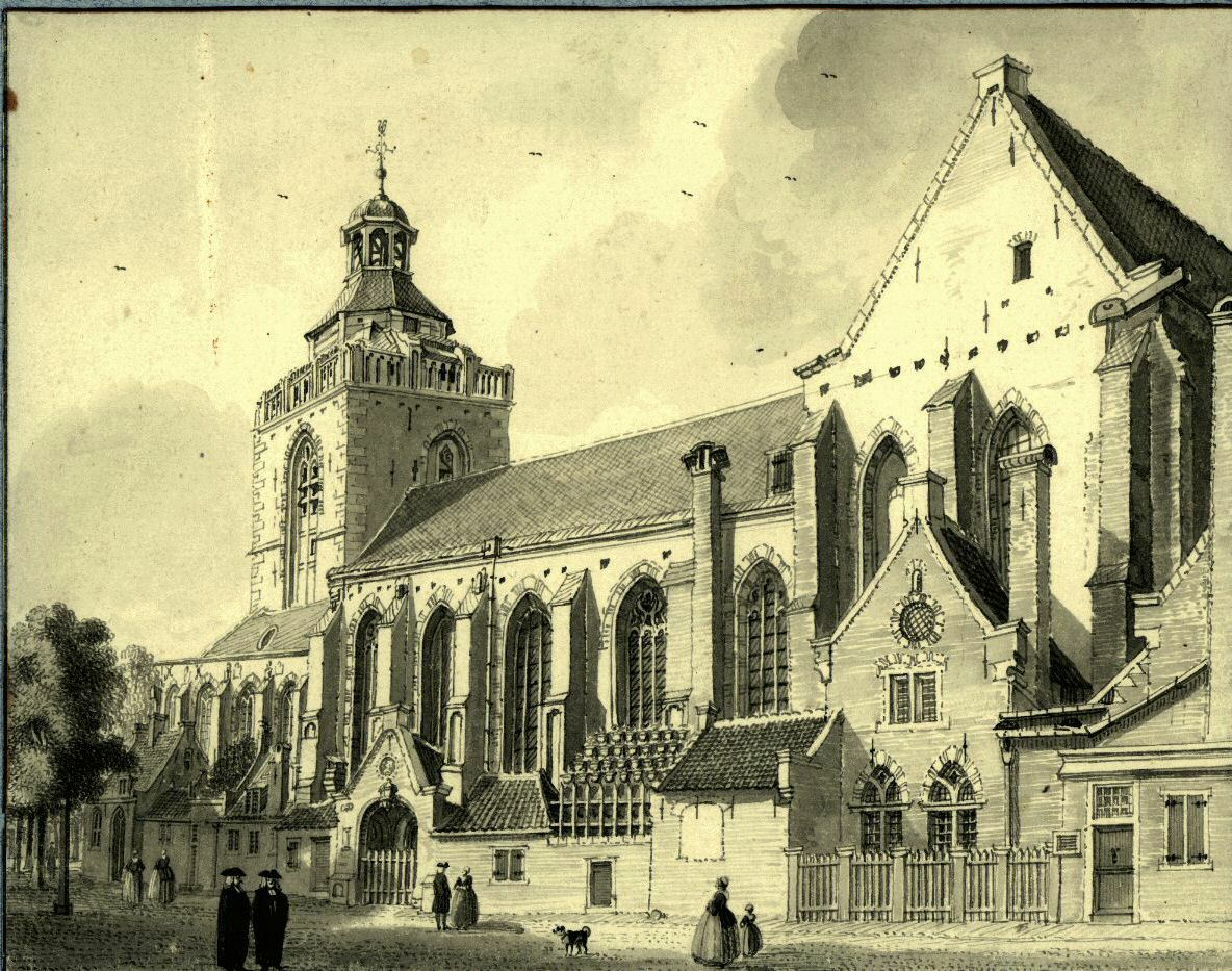 Gezicht op de Buurkerk op het Buurkerkhof te Utrecht uit het zuidoosten J de Beijer 1744 HUA