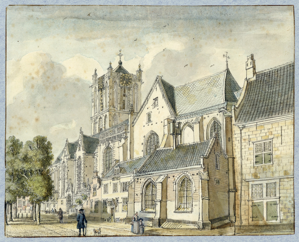 Gezicht op de Jacobikerk op het Jacobskerkhof te Utrecht 1740 J de Beijer HUA