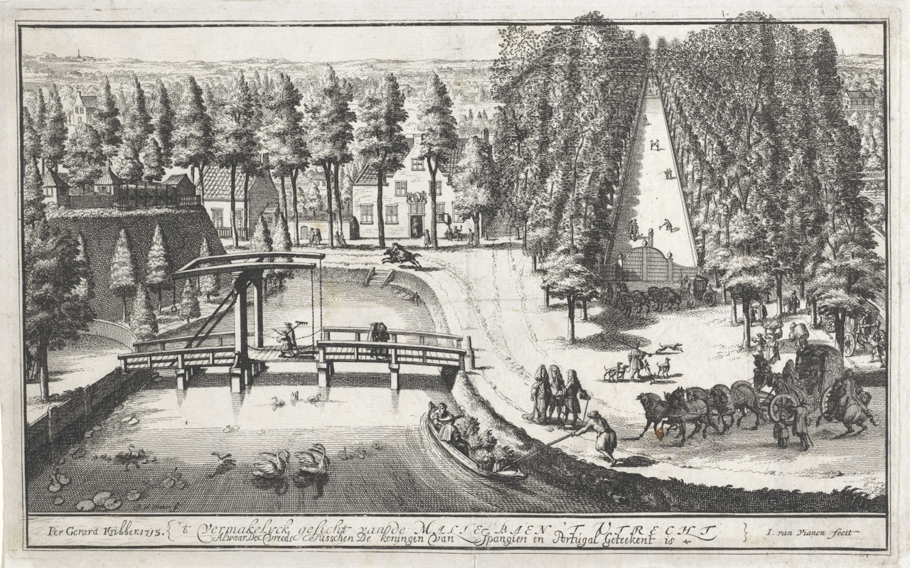 Gezicht op de Maliebaan te Utrecht t vermakelyck gesicht van de Maliebaen t Utrecht Alwaar De Vreede Tusschen De koningen van Spangien en Portugal Geteekent is titel op object RP P 1959 607