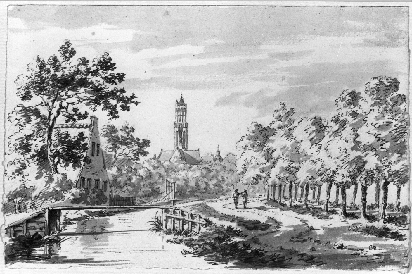 Gezicht op de Biltsche Grift en de Biltstraat te Utrecht uit het oosten met op de achtergrond de Domtoren en de bovenbouw van de Wittevrouwenpoort 1800 HUA