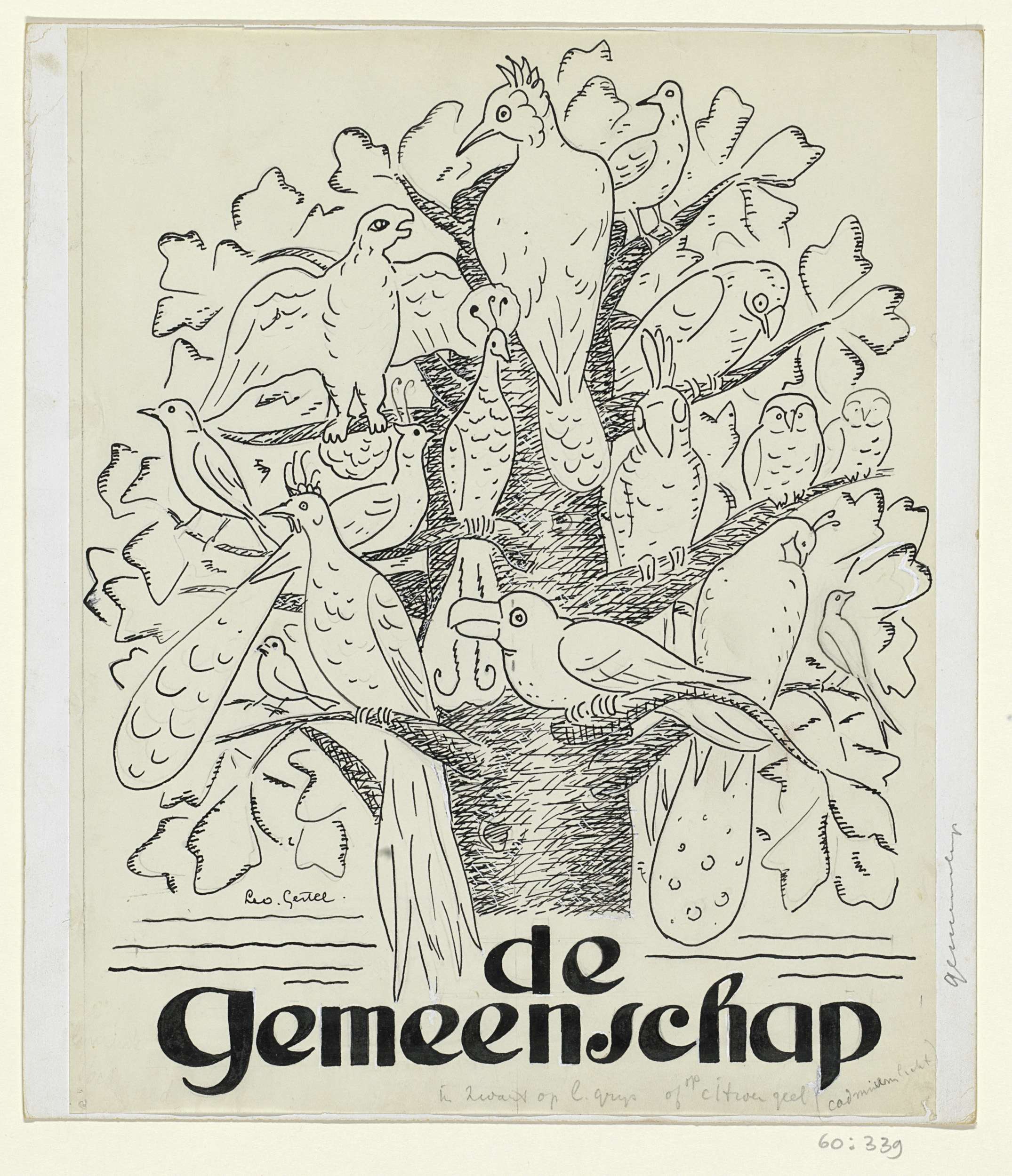 Leo Gestel Ontwerp voor de omslag van De Gemeenschap met een voorstelling van vogels in een boom