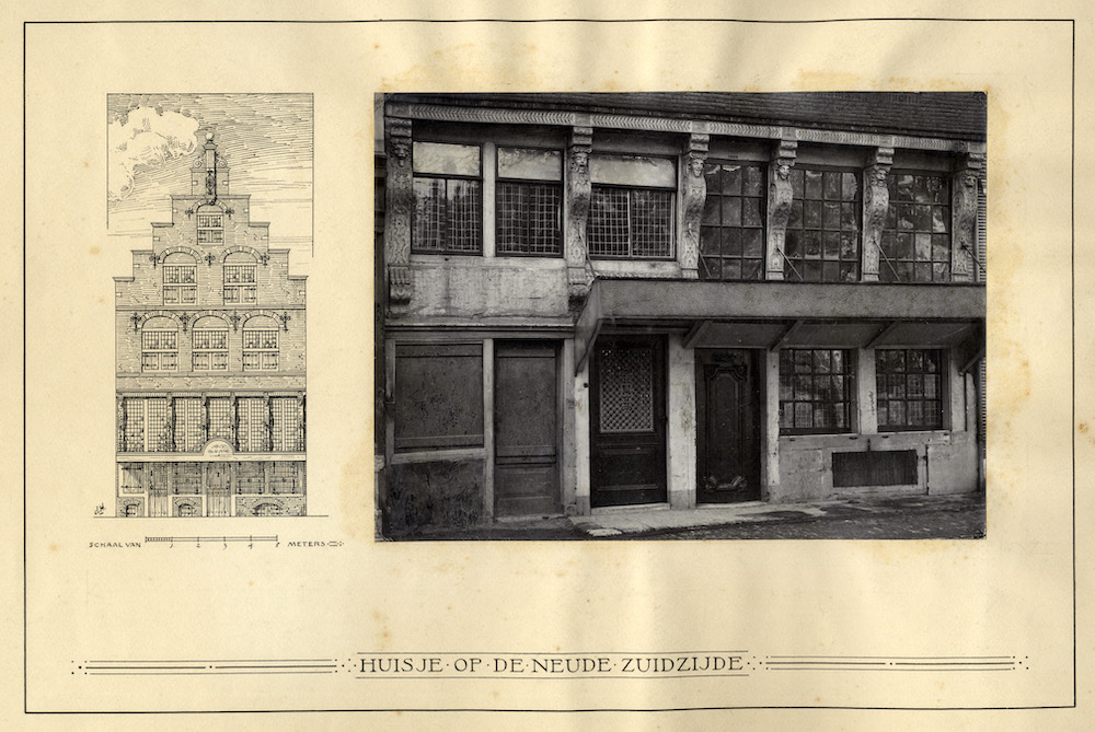 Links tekening door G de Hoog van de voorgevel van het huis Neude 36 rechts gezicht op de onderpui in 1905 HUA