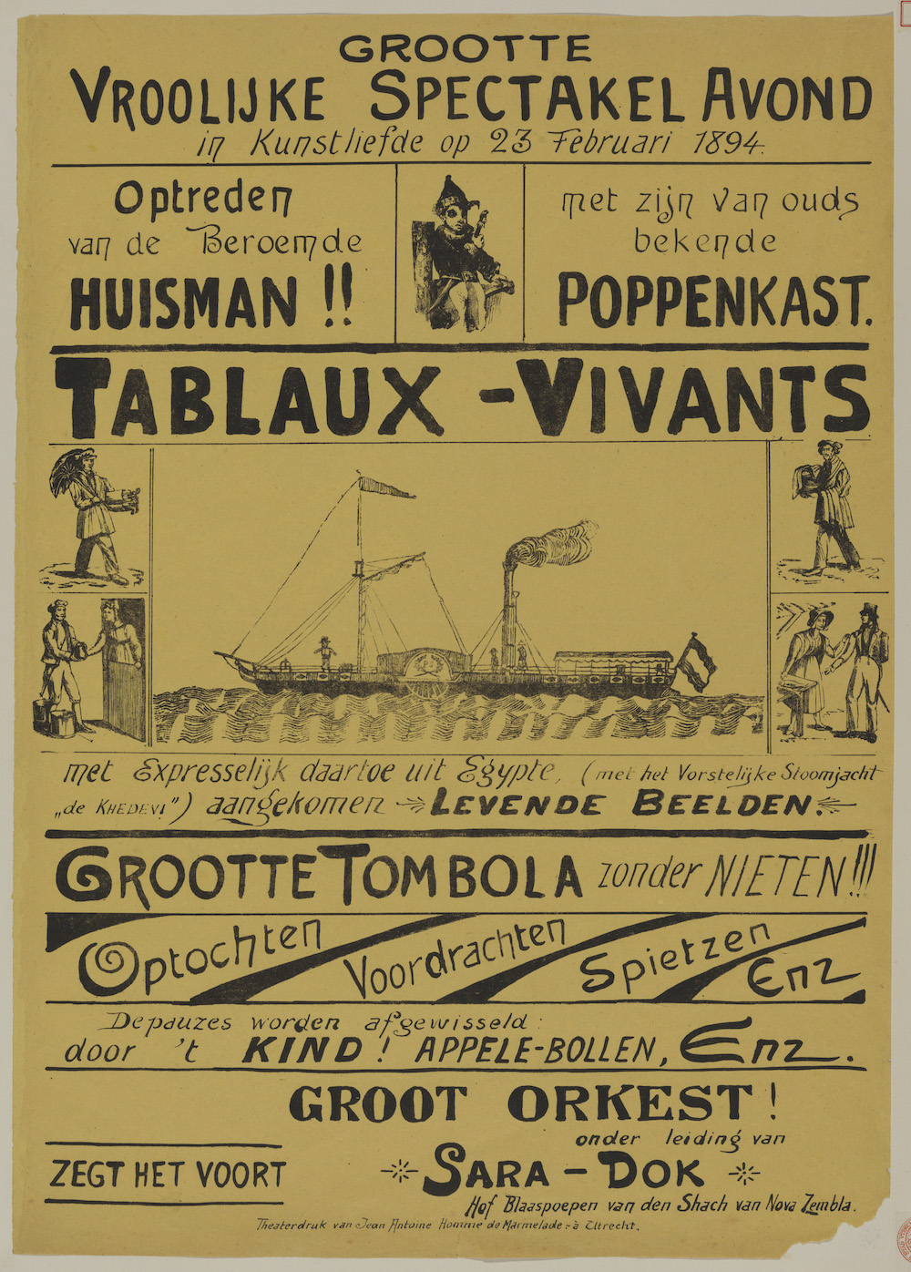 Affiche gedrukt op geel papier door JA Homme de Marmelade JA Moesman 1894