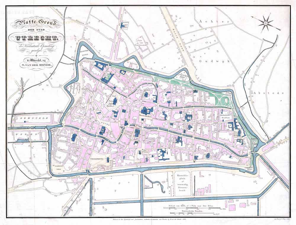 Plattegrond stad Utrecht door Van der Monde in 1838