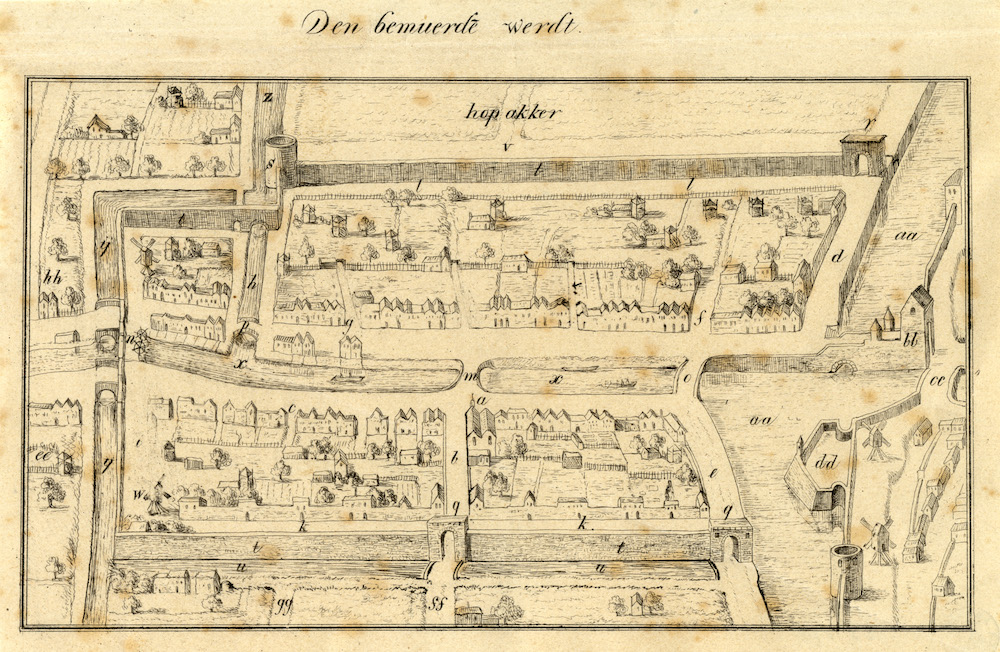 Plattegrond van de Bemuurde Weerd te Utrecht met gestyleerde weergave van het stratenplan met bebouwing in opstand wegen en watergangen Van der Monde 1837