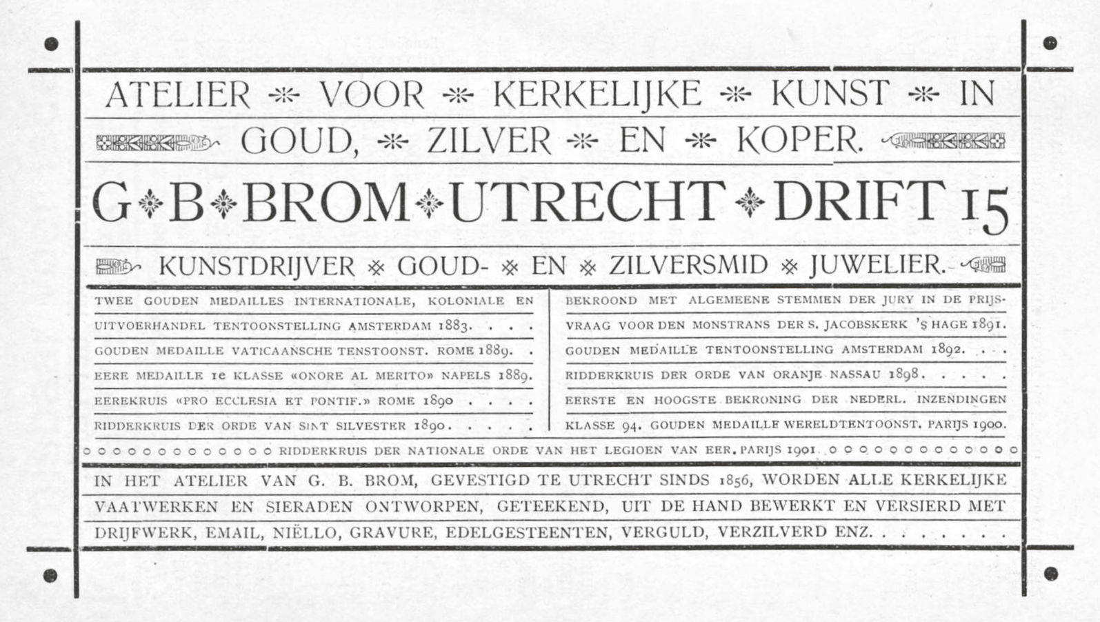 Advertentie Atelier voor kerkelijke kunst GB Brom 1902