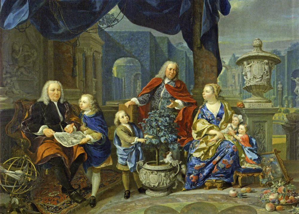 David van Mollem en zijn familie tegen de achtergrond van de tuin achter zijn huis Zijdebalen aan de Vecht 1740 HUA