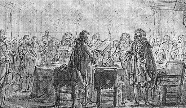 De markies de Rochefort krijgt de stad Utrecht overgedragen op het stadhuis in juni 1672
