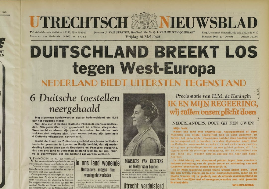 Utrecht 80jaar vrij dePers, kop UN 10 mei 1940
